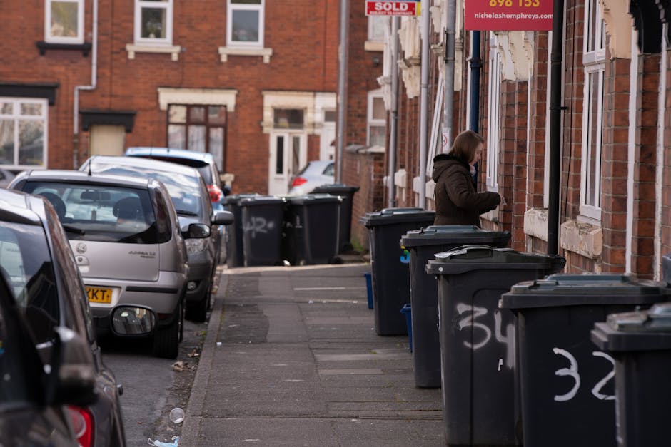 A daytime street scene featuring a row of black wheelie bins placed on the pavement outside residential terraced houses with brick facades and white-framed windows. The bins are lined up along the sid